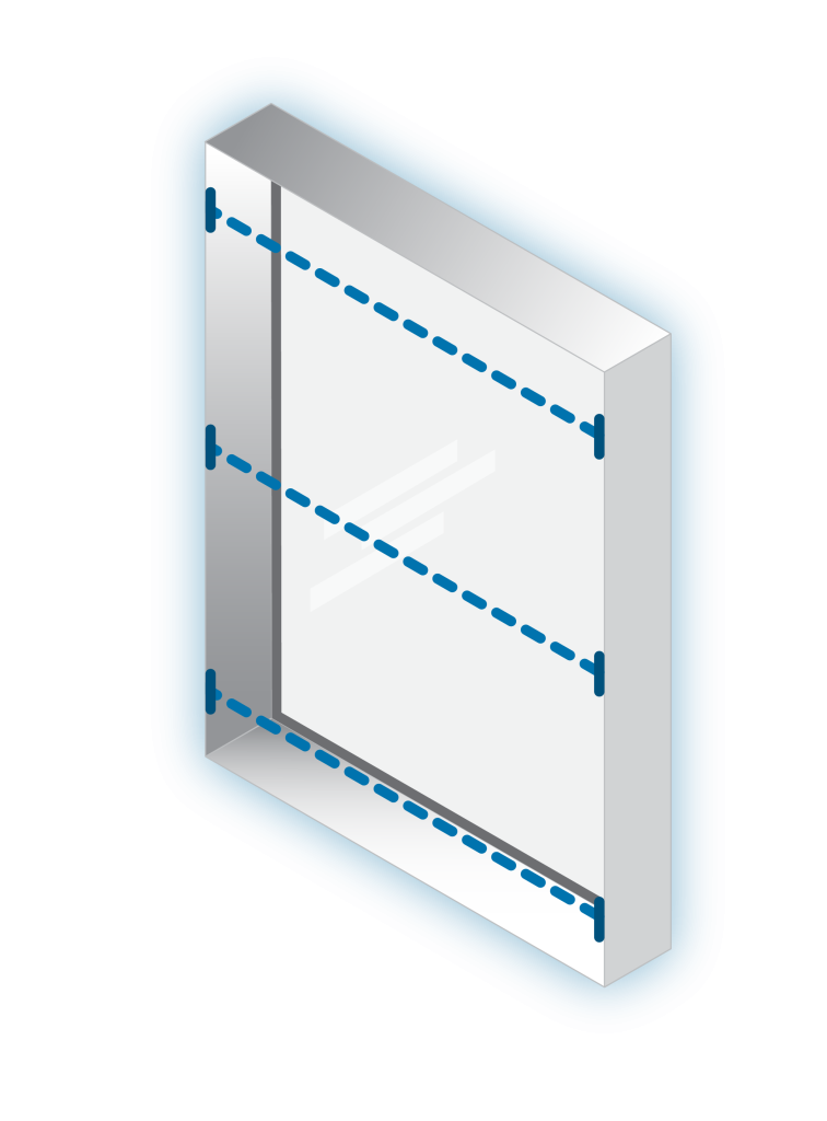Window recess with three dashed lines across it, showing the width measured at the top, in the middle and at the bottom
