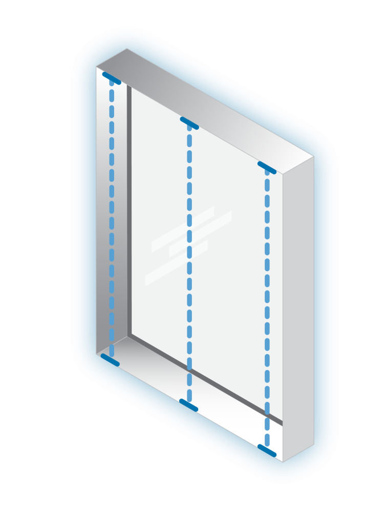 Window recess with three dashed lines down it, showing the drop measured on the left, in the centre and on the right