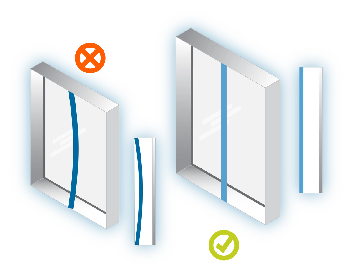 Two windows, each with a close-up of the tape. The one marked with a cross has a bent tape measure. The one marked with a tick has a straight tape