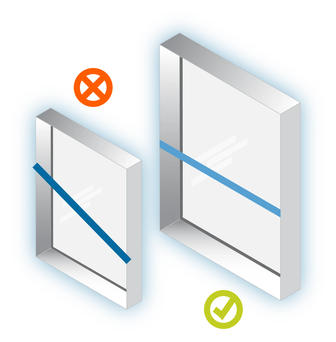 Two windows. The one marked with a cross is measured on an angle. The one marked with a tick is measured straight across