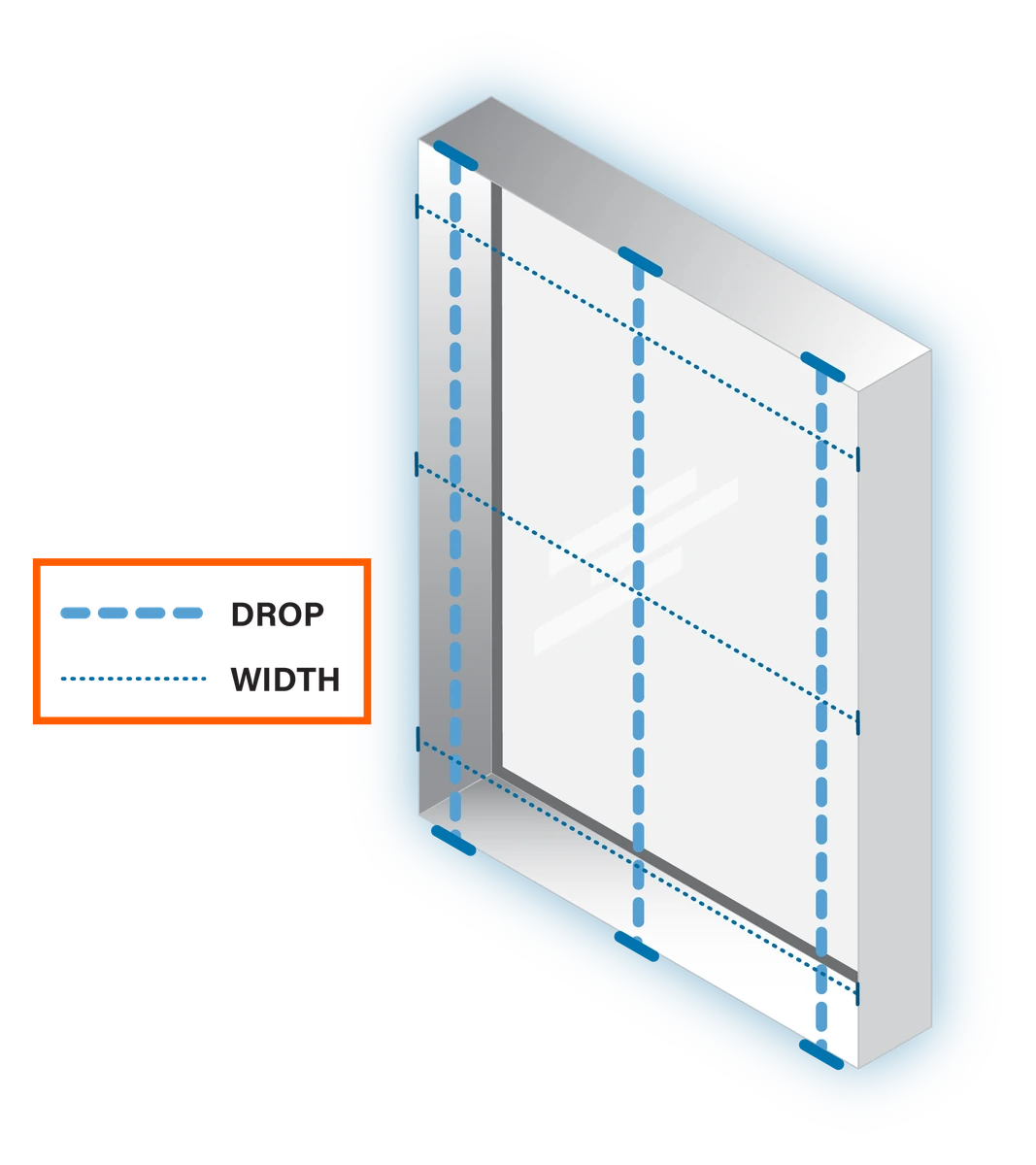Window opening with no architrave and no window sill. Dotted lines show the width=